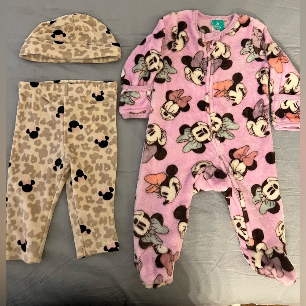 Disney Lavender Minnie Mouse Fleece Onesie & Hat & Pant Set Bundle